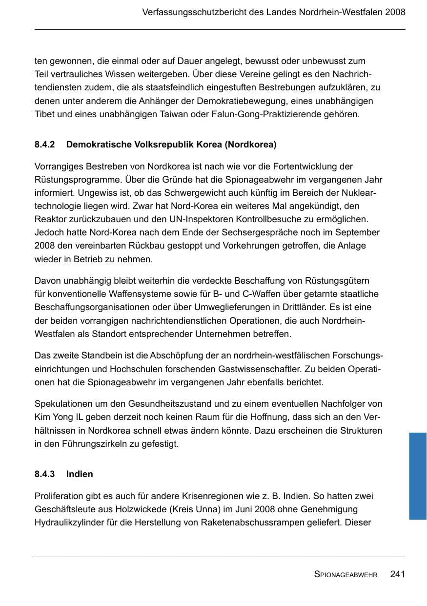 Seite 243 des Verfassungsschutzbericht 2008 Nordrhein-Westfalen
