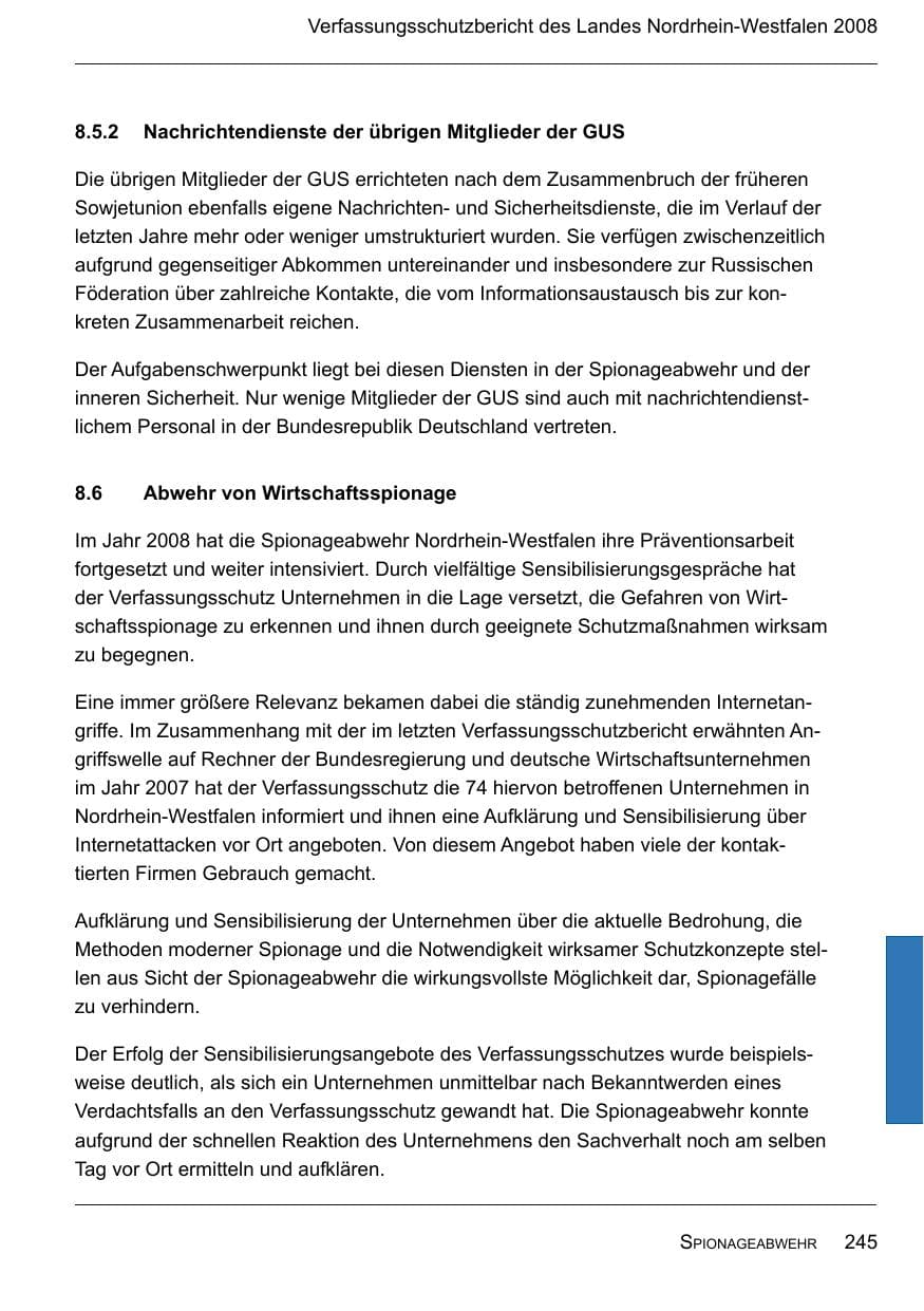 Seite 247 des Verfassungsschutzbericht 2008 Nordrhein-Westfalen