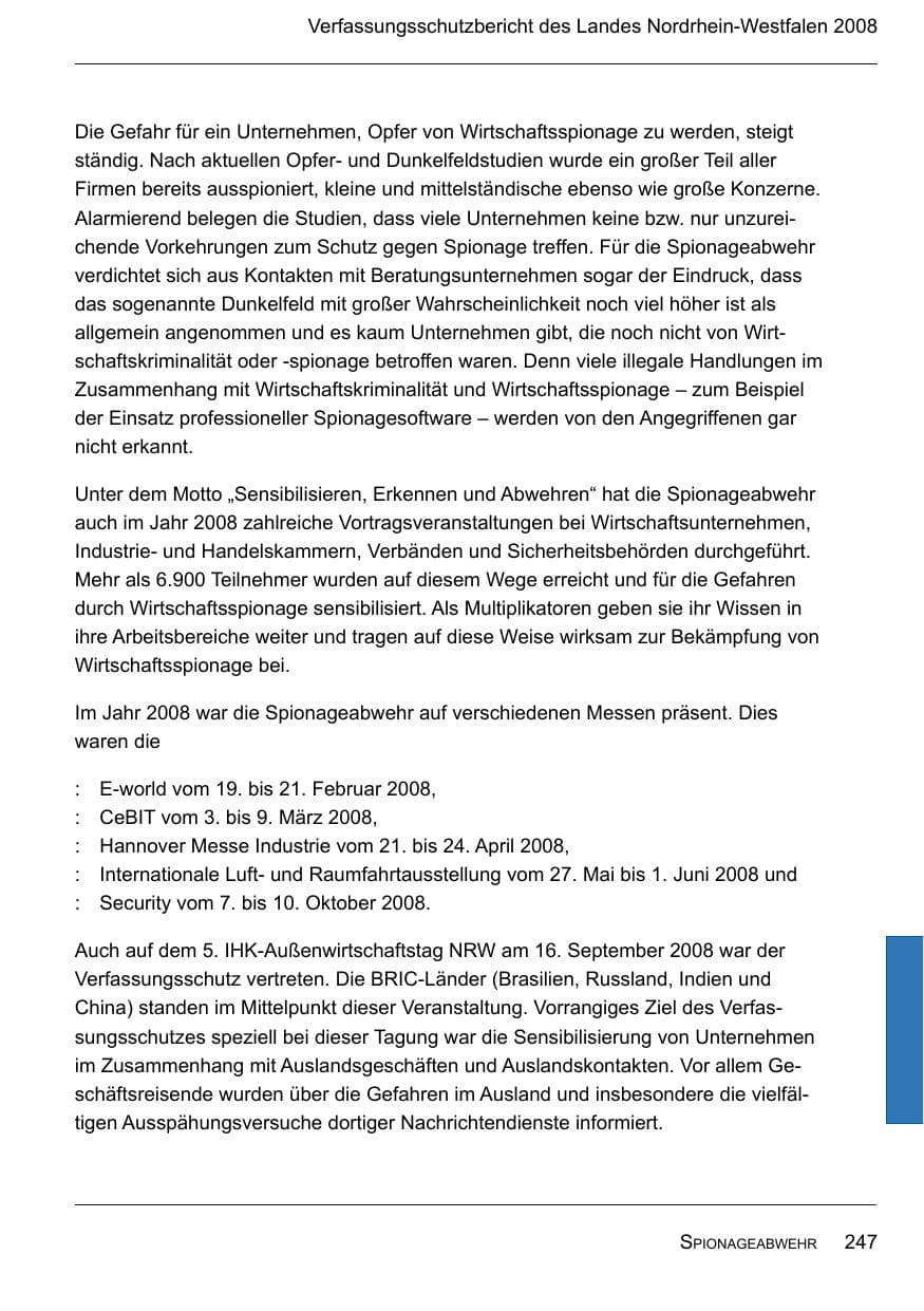 Seite 249 des Verfassungsschutzbericht 2008 Nordrhein-Westfalen