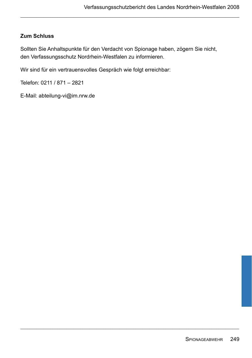 Seite 251 des Verfassungsschutzbericht 2008 Nordrhein-Westfalen