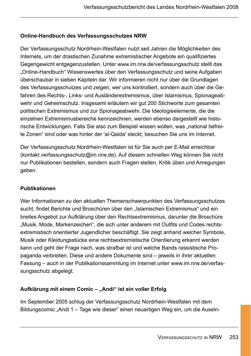 Seite 255 des Verfassungsschutzbericht 2008 Nordrhein-Westfalen