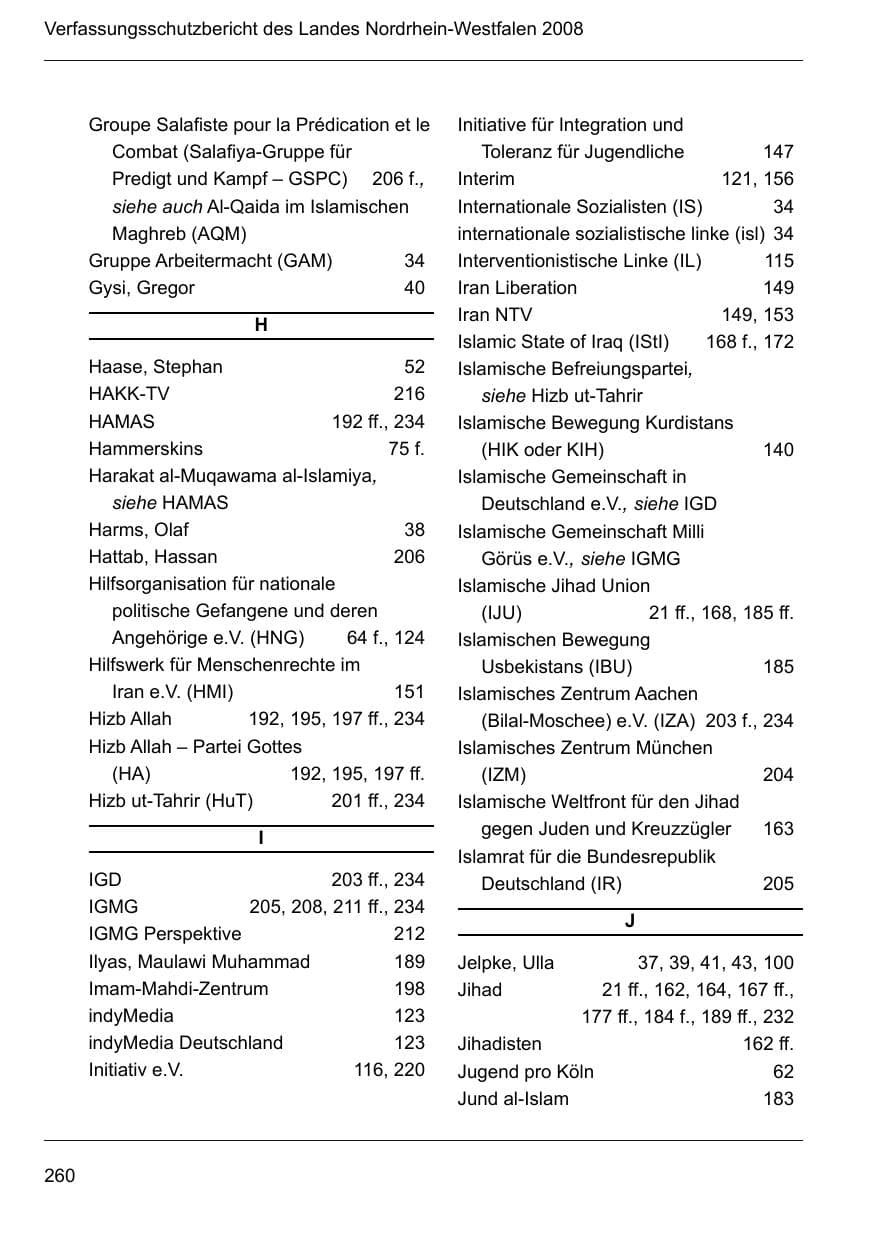 Seite 262 des Verfassungsschutzbericht 2008 Nordrhein-Westfalen