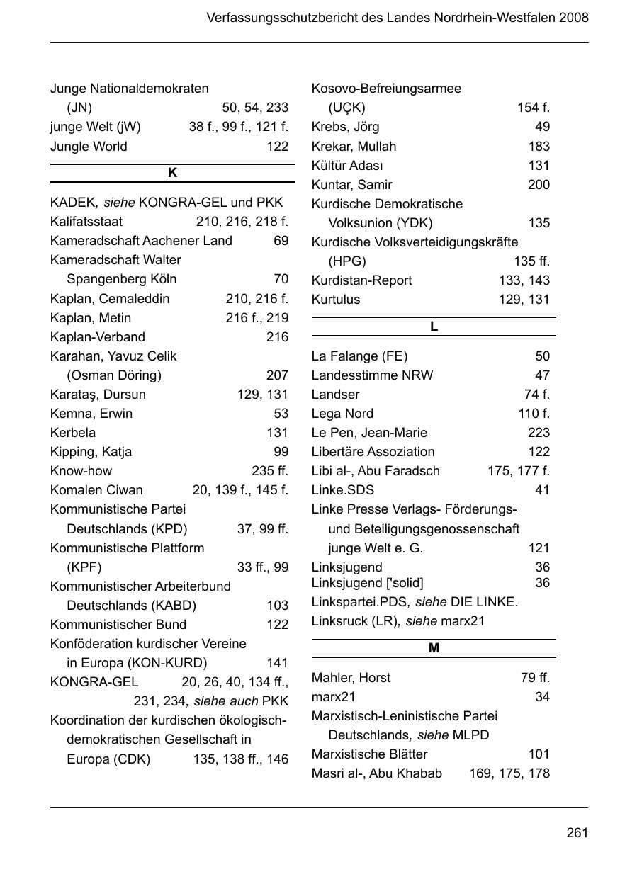 Seite 263 des Verfassungsschutzbericht 2008 Nordrhein-Westfalen