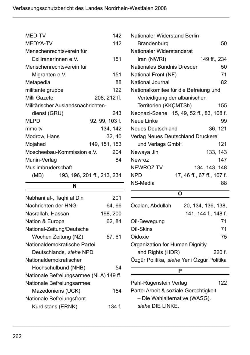 Seite 264 des Verfassungsschutzbericht 2008 Nordrhein-Westfalen
