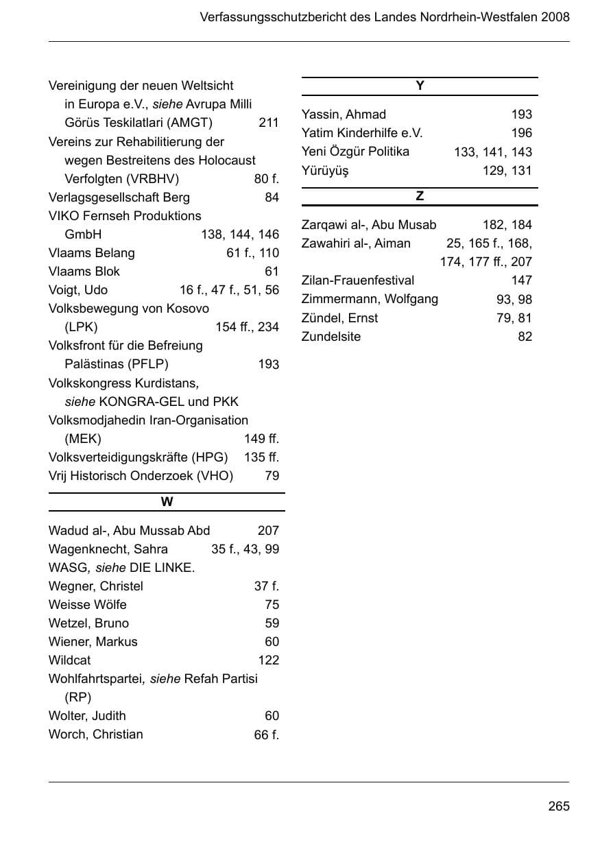 Seite 267 des Verfassungsschutzbericht 2008 Nordrhein-Westfalen