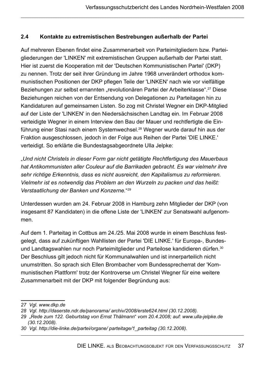 Seite 39 des Verfassungsschutzbericht 2008 Nordrhein-Westfalen