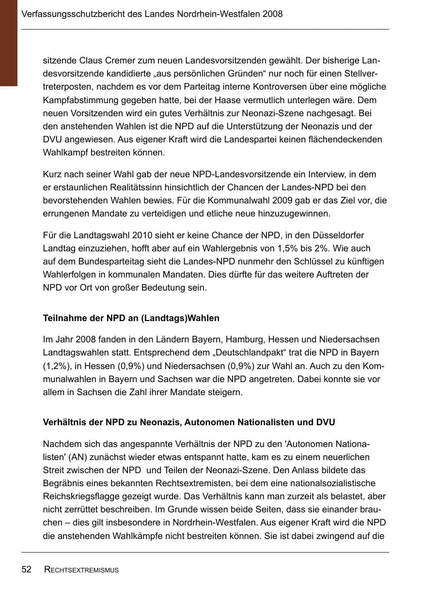 Seite 54 des Verfassungsschutzbericht 2008 Nordrhein-Westfalen