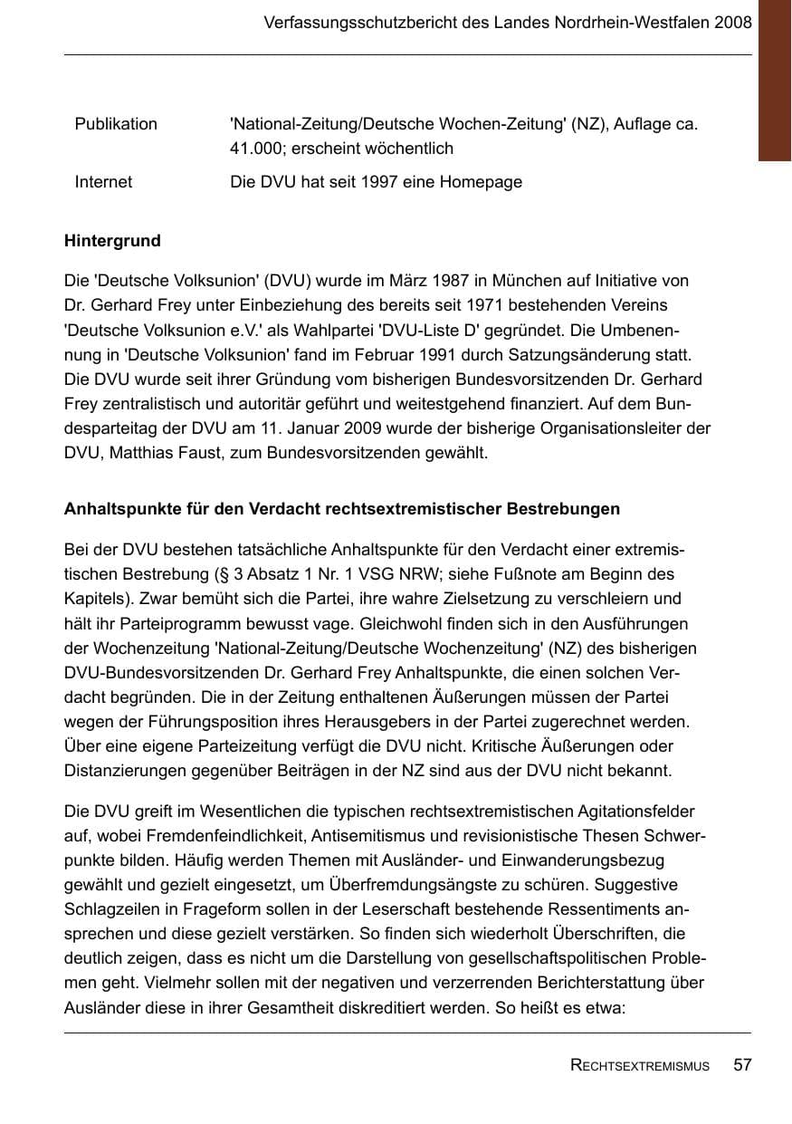 Seite 59 des Verfassungsschutzbericht 2008 Nordrhein-Westfalen