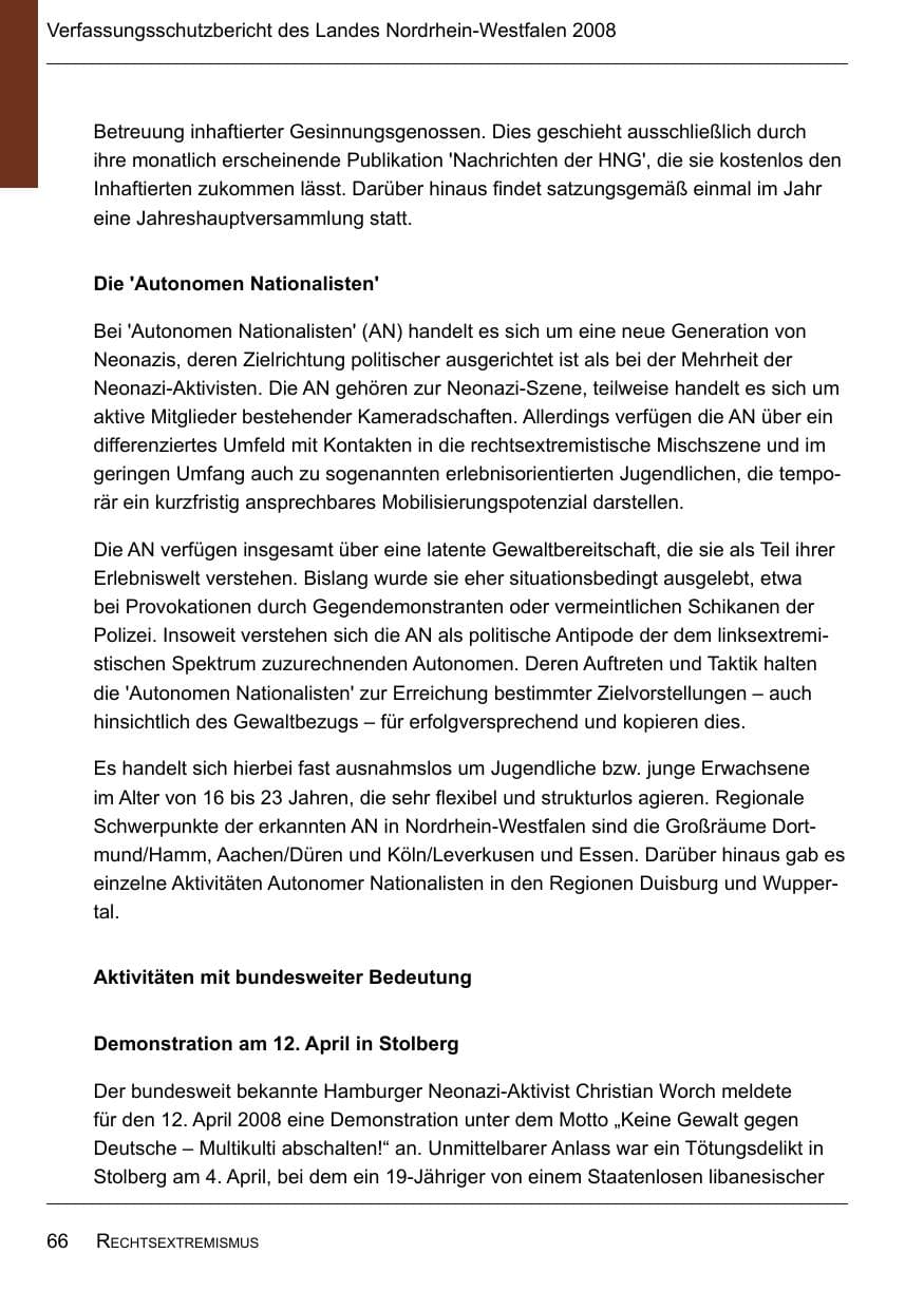 Seite 68 des Verfassungsschutzbericht 2008 Nordrhein-Westfalen