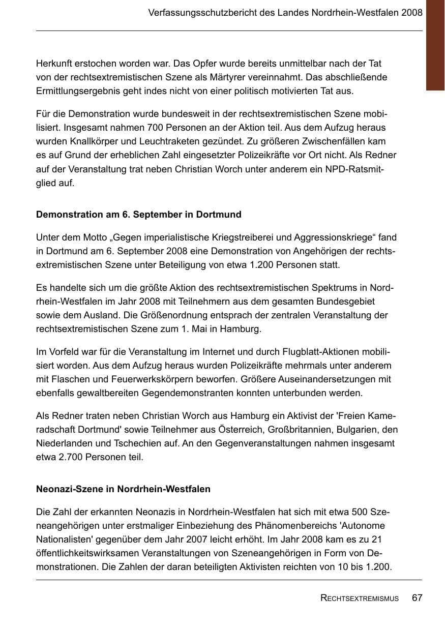 Seite 69 des Verfassungsschutzbericht 2008 Nordrhein-Westfalen