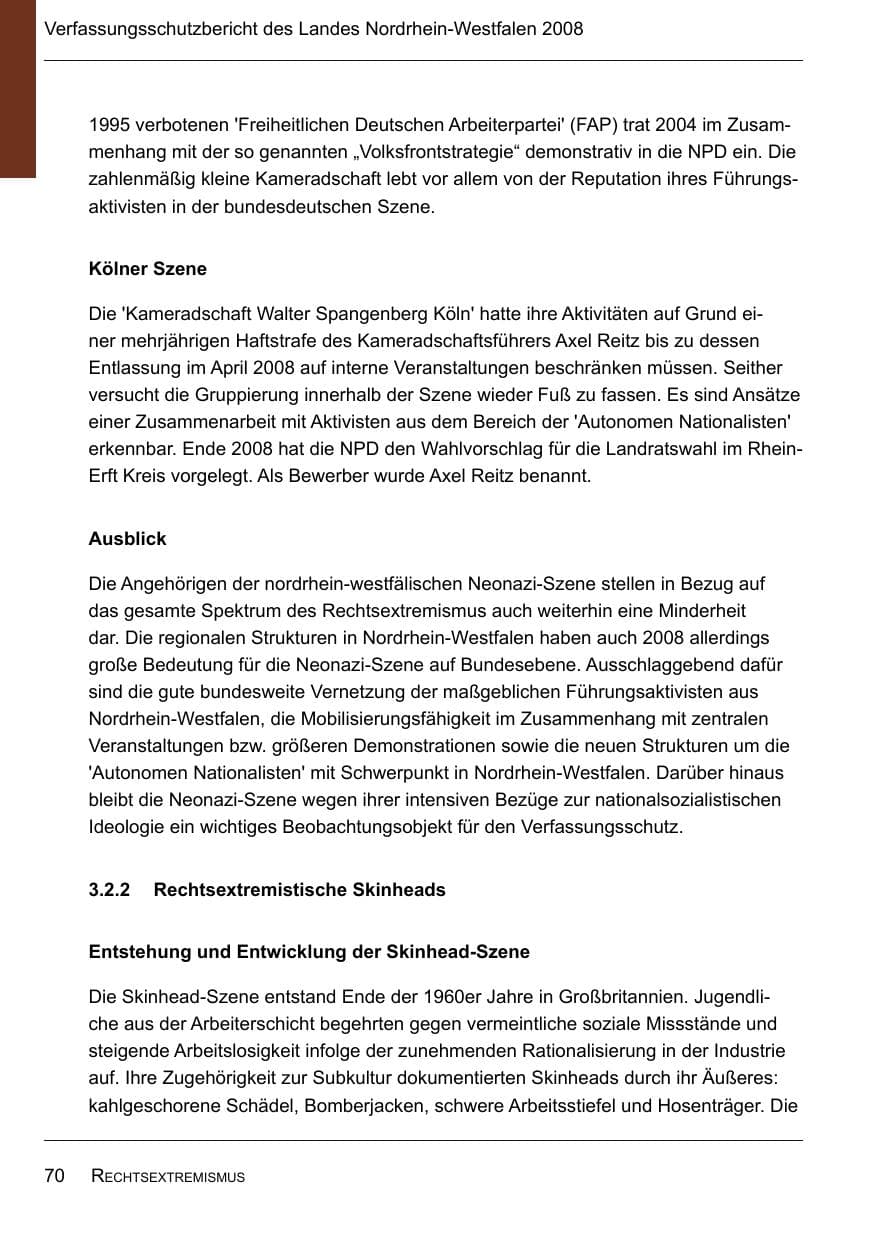 Seite 72 des Verfassungsschutzbericht 2008 Nordrhein-Westfalen