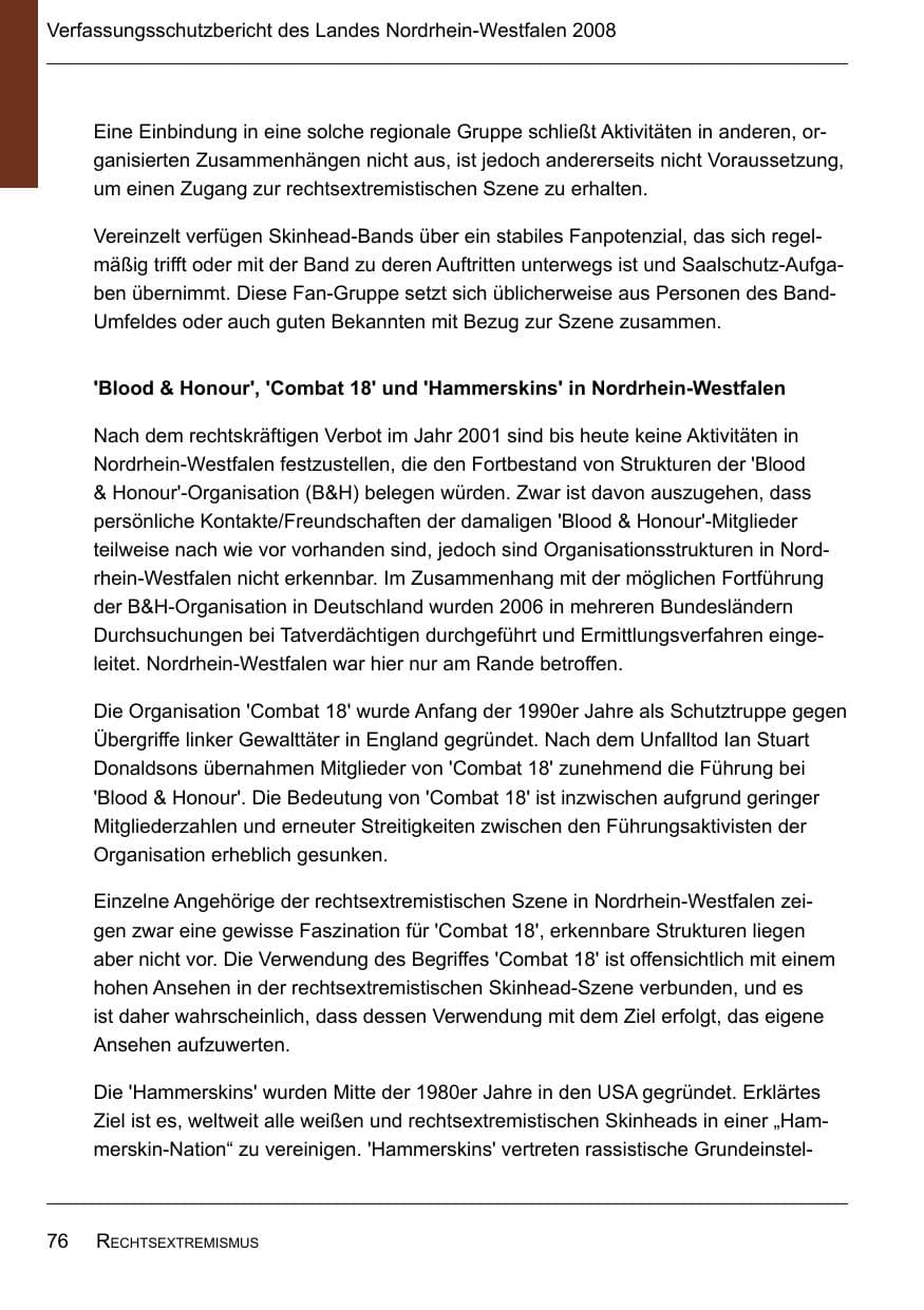 Seite 78 des Verfassungsschutzbericht 2008 Nordrhein-Westfalen
