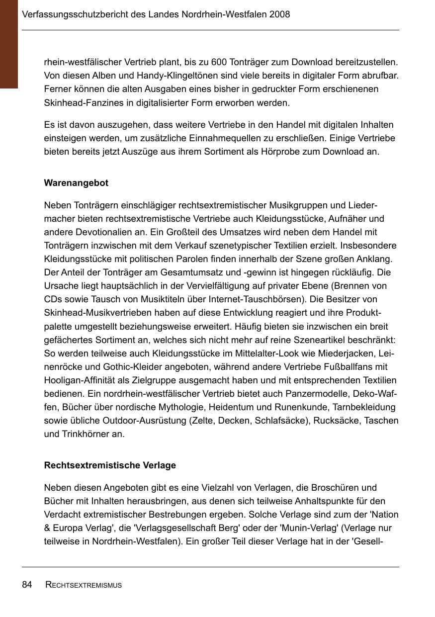 Seite 86 des Verfassungsschutzbericht 2008 Nordrhein-Westfalen