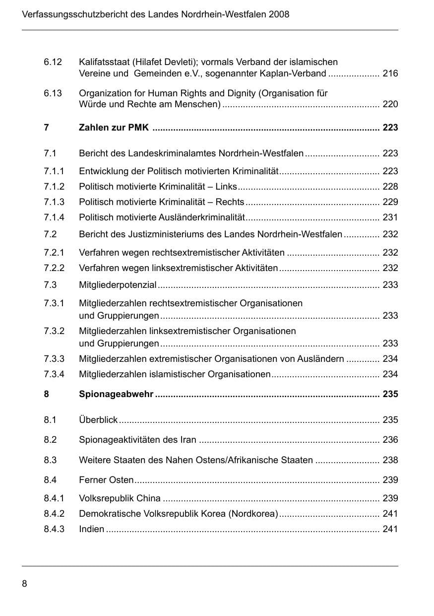 Seite 10 des Verfassungsschutzbericht 2008 Nordrhein-Westfalen
