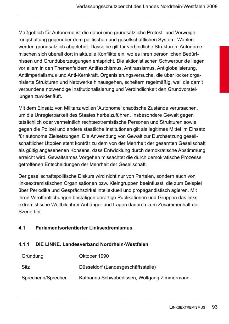 Seite 95 des Verfassungsschutzbericht 2008 Nordrhein-Westfalen