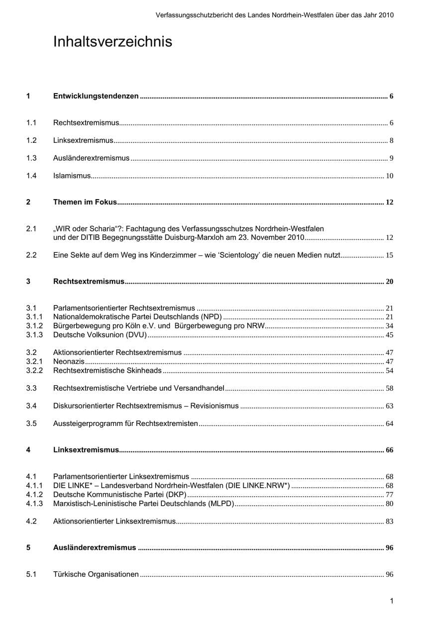 Seite 2 des Verfassungsschutzbericht 2010 Nordrhein-Westfalen