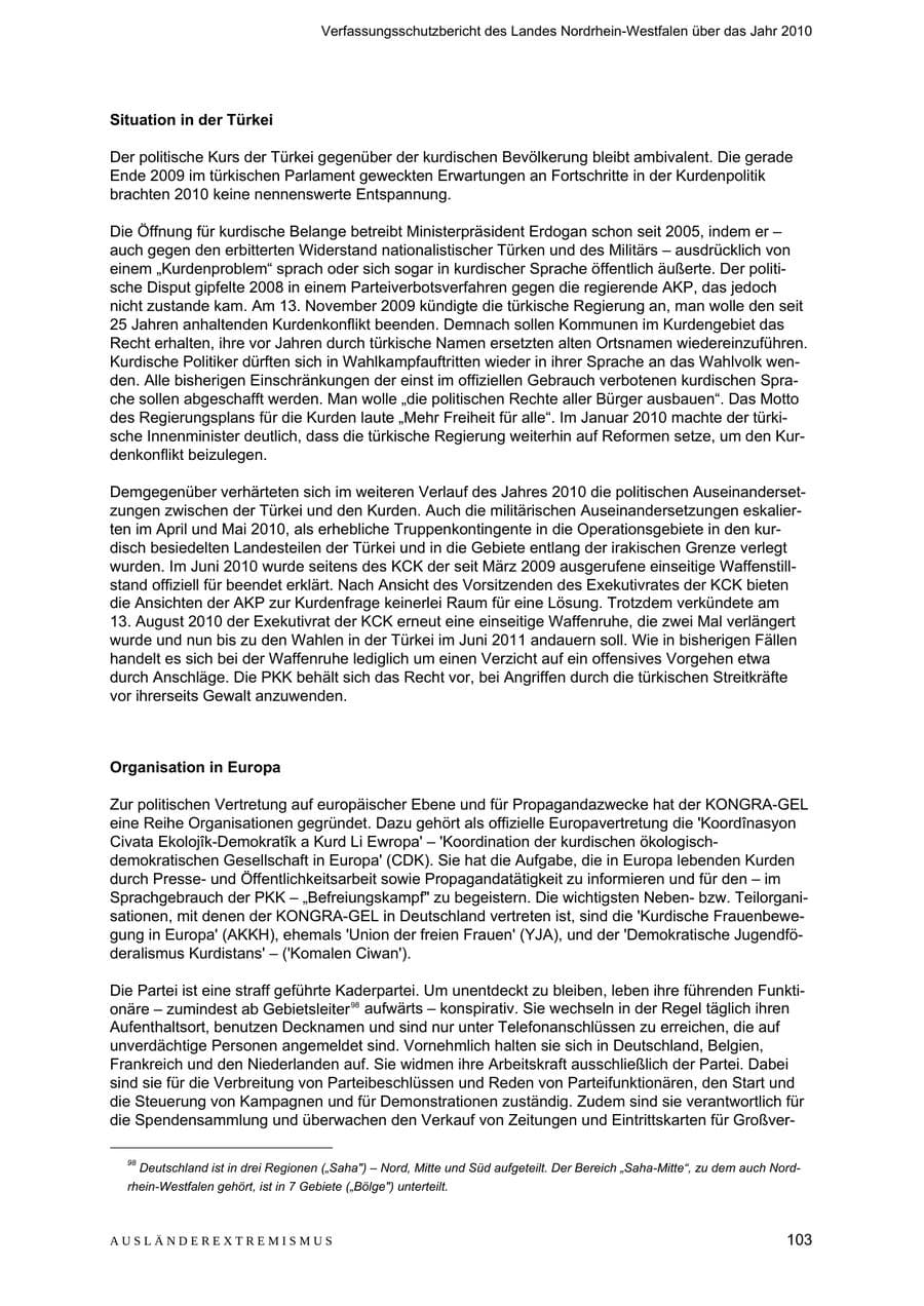 Seite 104 des Verfassungsschutzbericht 2010 Nordrhein-Westfalen