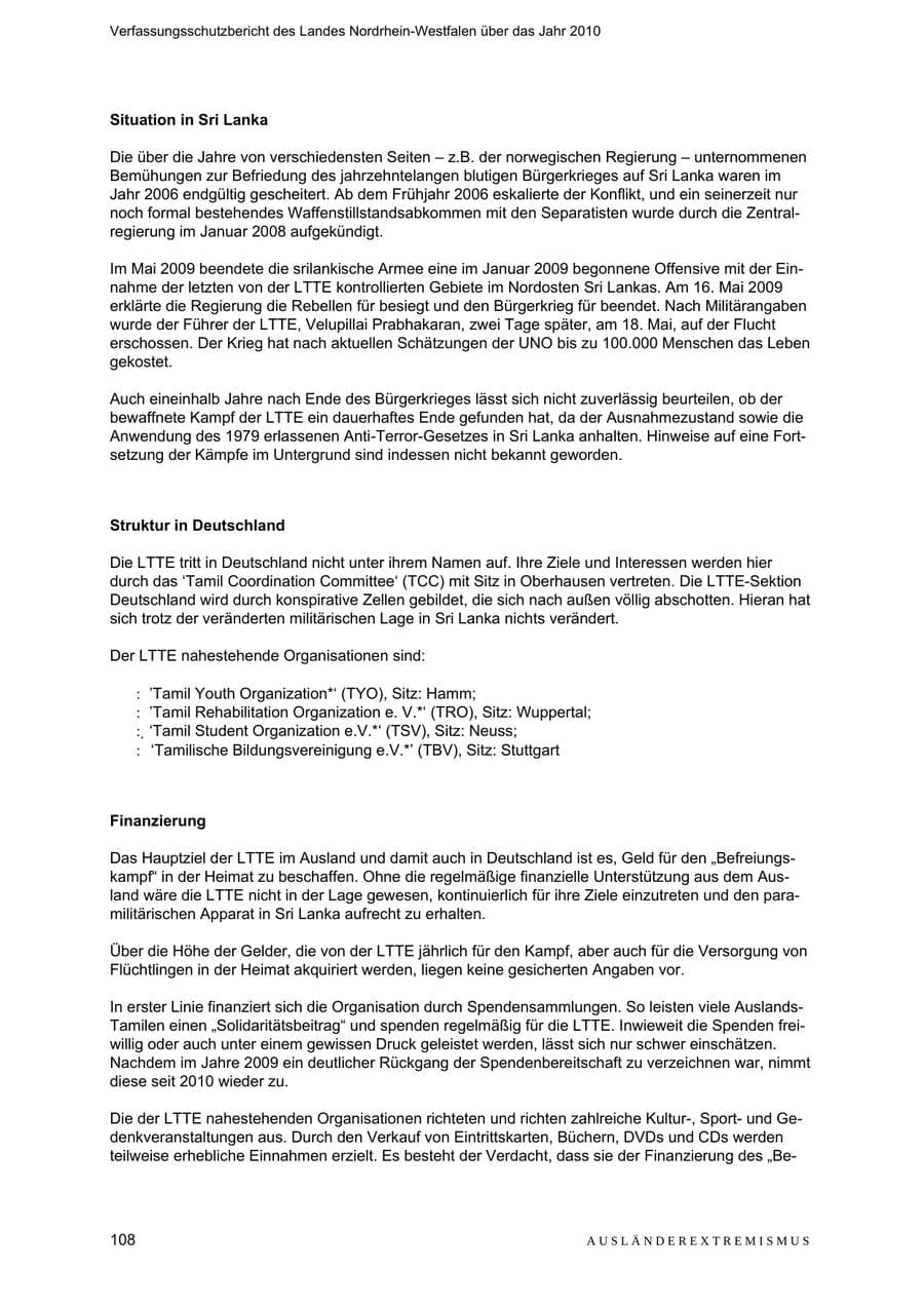 Seite 109 des Verfassungsschutzbericht 2010 Nordrhein-Westfalen