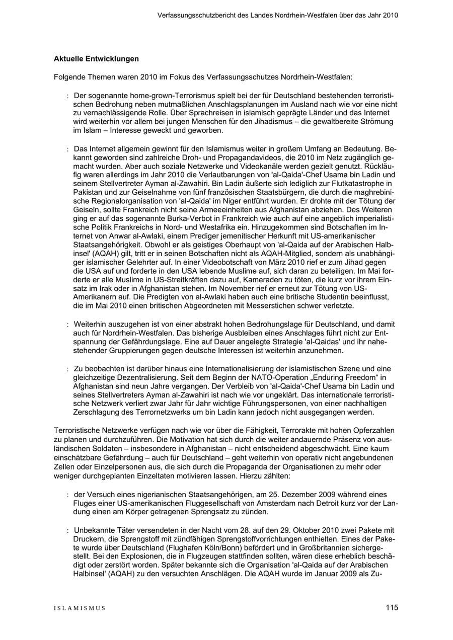 Seite 116 des Verfassungsschutzbericht 2010 Nordrhein-Westfalen