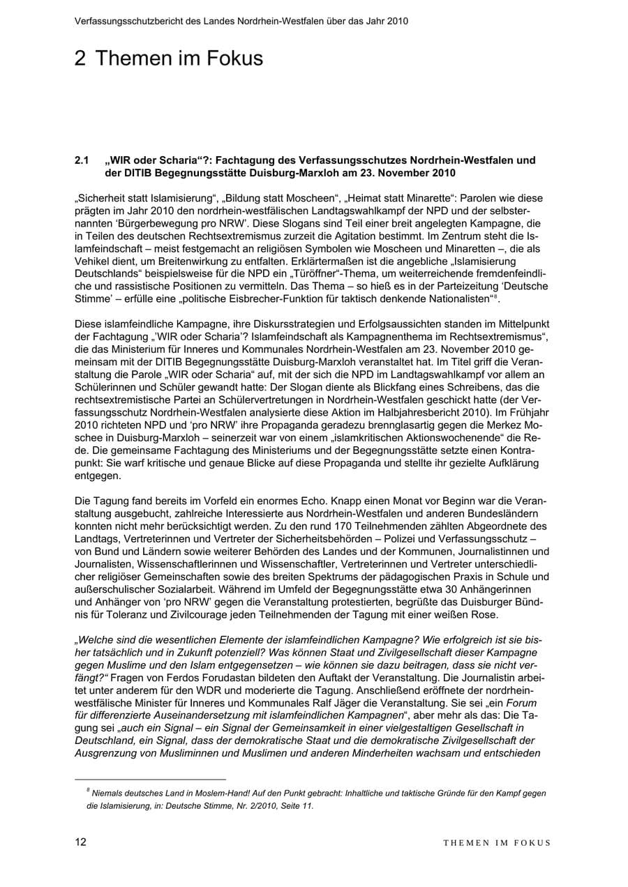 Seite 13 des Verfassungsschutzbericht 2010 Nordrhein-Westfalen