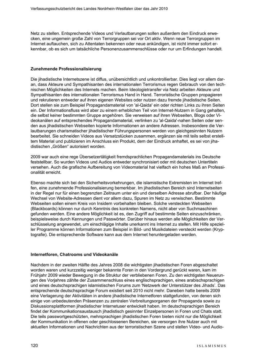 Seite 121 des Verfassungsschutzbericht 2010 Nordrhein-Westfalen