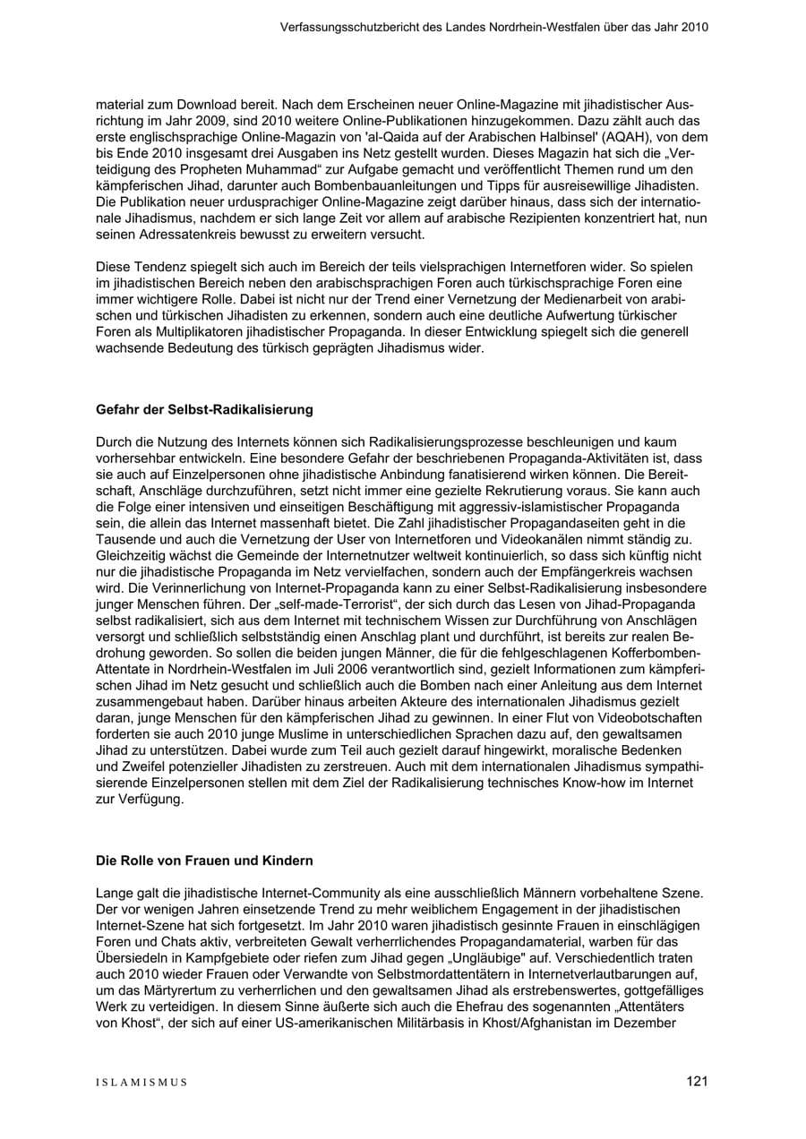 Seite 122 des Verfassungsschutzbericht 2010 Nordrhein-Westfalen