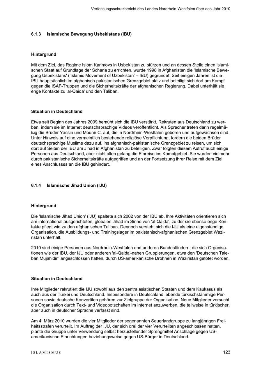 Seite 124 des Verfassungsschutzbericht 2010 Nordrhein-Westfalen