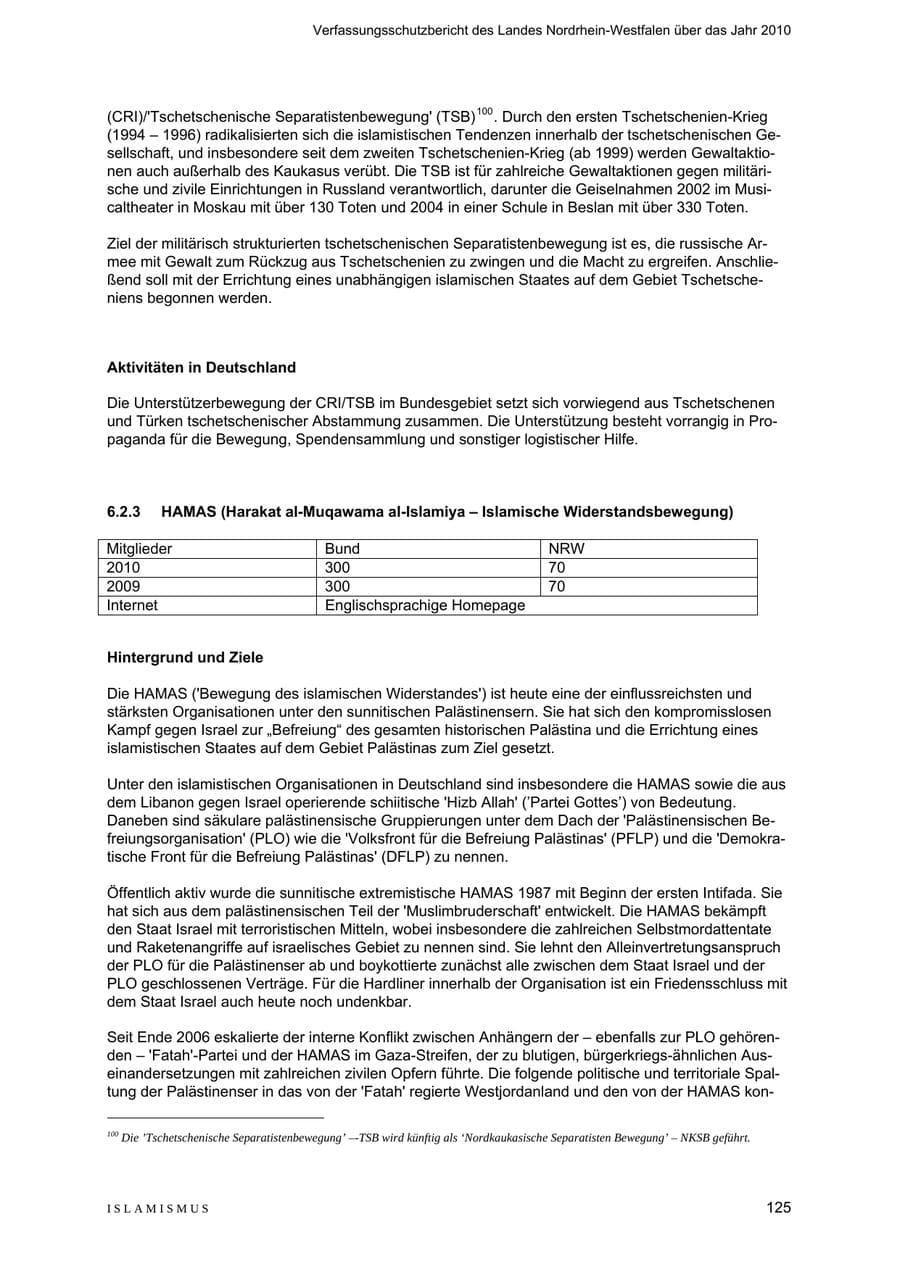Seite 126 des Verfassungsschutzbericht 2010 Nordrhein-Westfalen