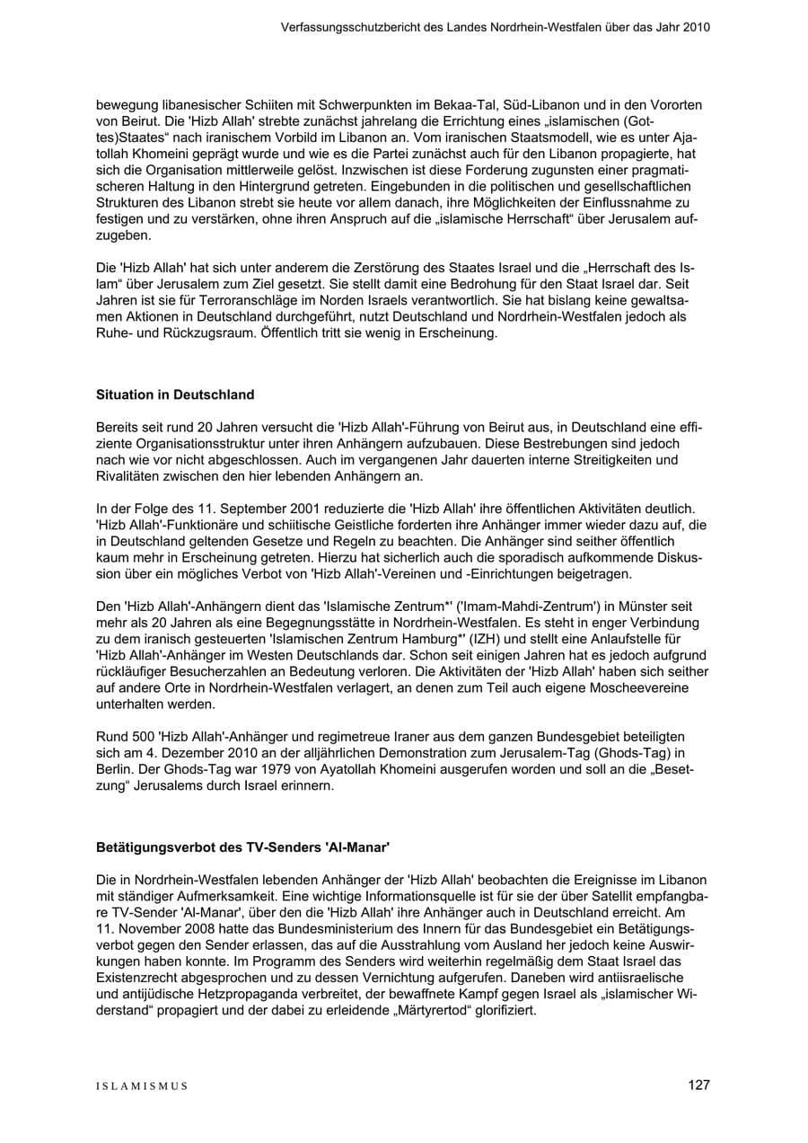 Seite 128 des Verfassungsschutzbericht 2010 Nordrhein-Westfalen