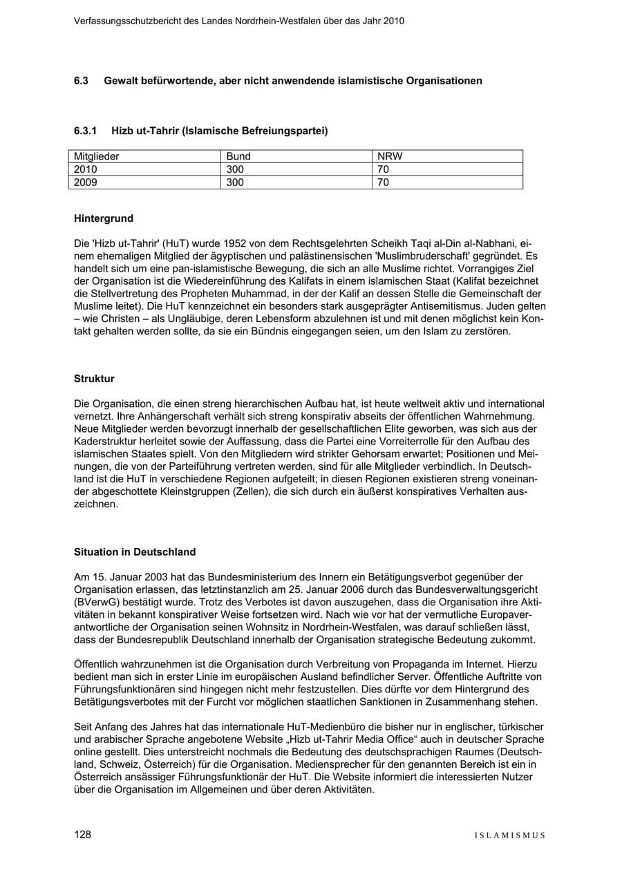 Seite 129 des Verfassungsschutzbericht 2010 Nordrhein-Westfalen