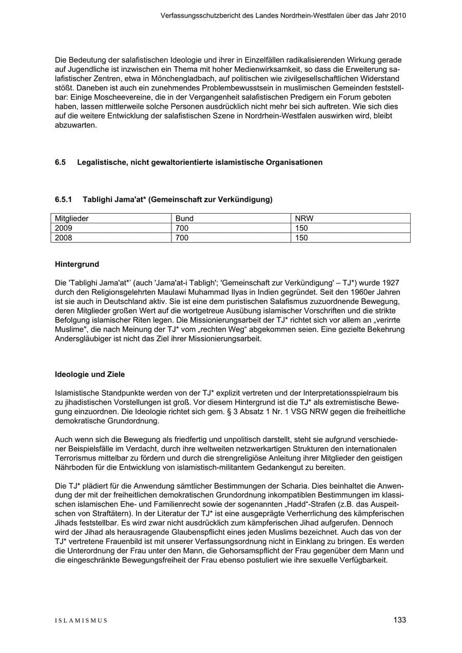 Seite 134 des Verfassungsschutzbericht 2010 Nordrhein-Westfalen