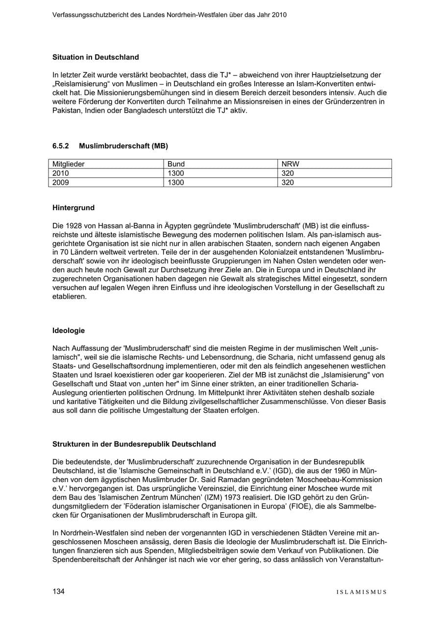 Seite 135 des Verfassungsschutzbericht 2010 Nordrhein-Westfalen