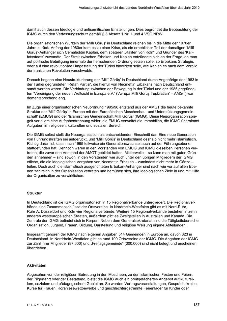 Seite 138 des Verfassungsschutzbericht 2010 Nordrhein-Westfalen
