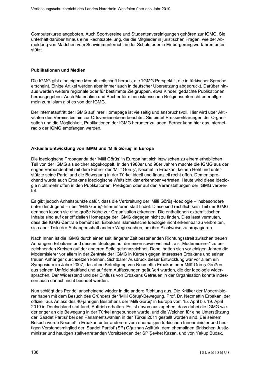 Seite 139 des Verfassungsschutzbericht 2010 Nordrhein-Westfalen