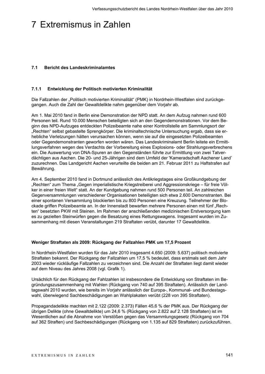 Seite 142 des Verfassungsschutzbericht 2010 Nordrhein-Westfalen