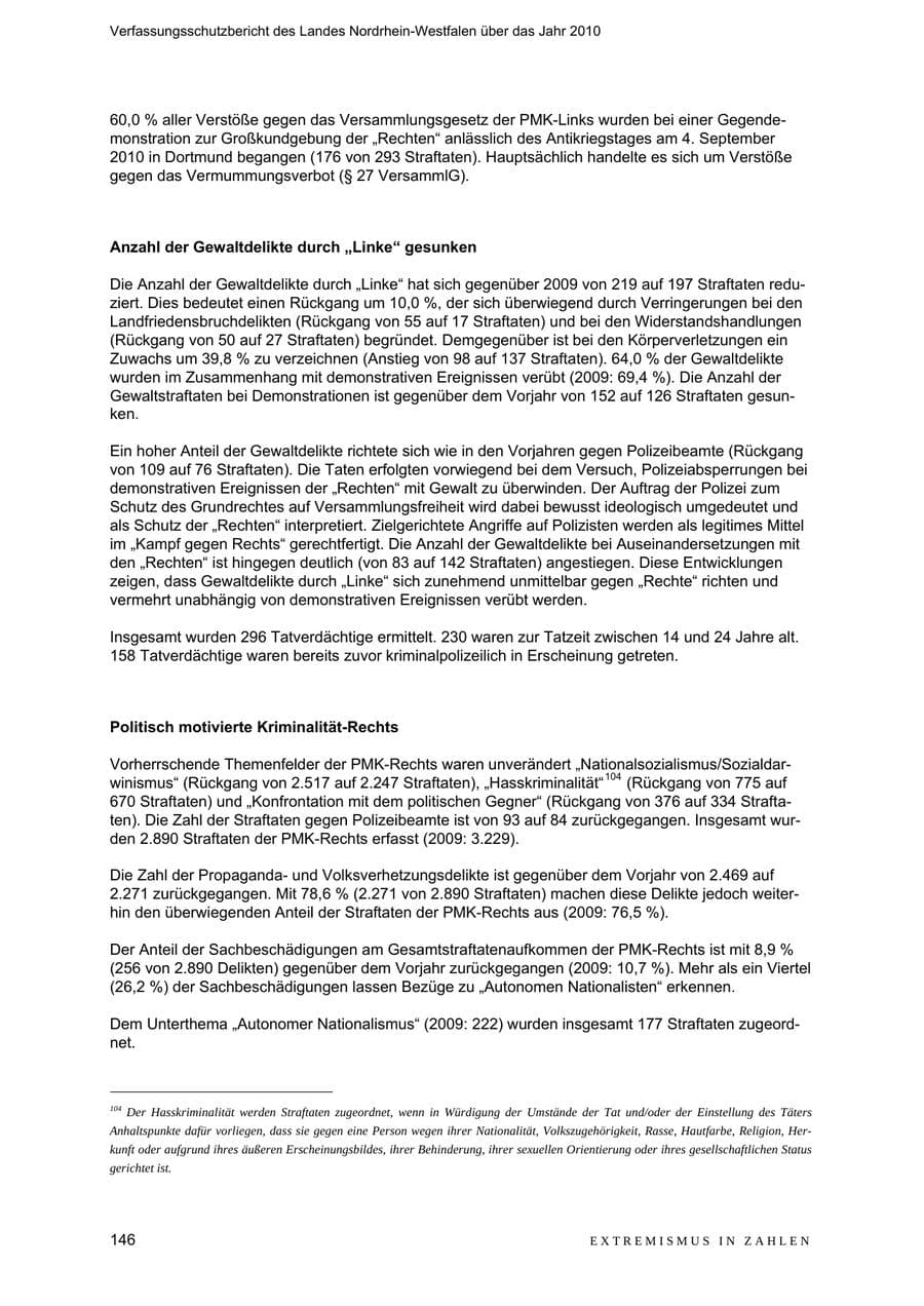 Seite 147 des Verfassungsschutzbericht 2010 Nordrhein-Westfalen