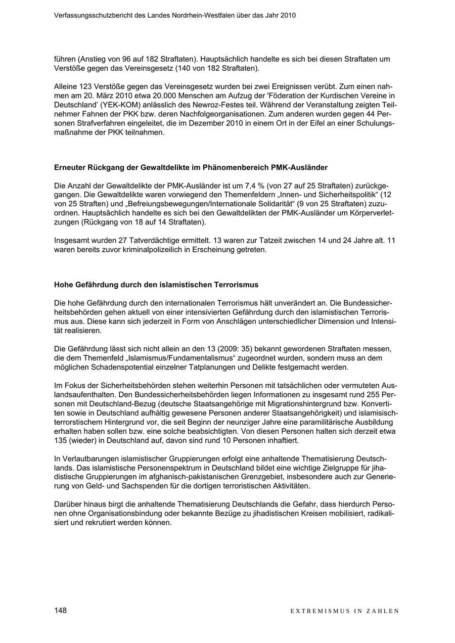Seite 149 des Verfassungsschutzbericht 2010 Nordrhein-Westfalen