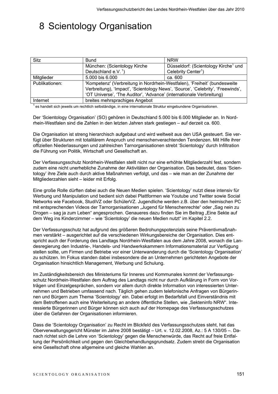 Seite 152 des Verfassungsschutzbericht 2010 Nordrhein-Westfalen