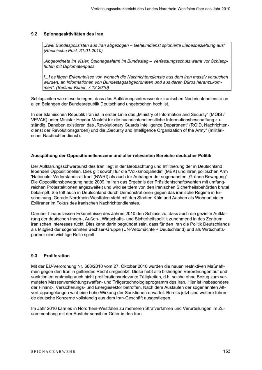 Seite 154 des Verfassungsschutzbericht 2010 Nordrhein-Westfalen