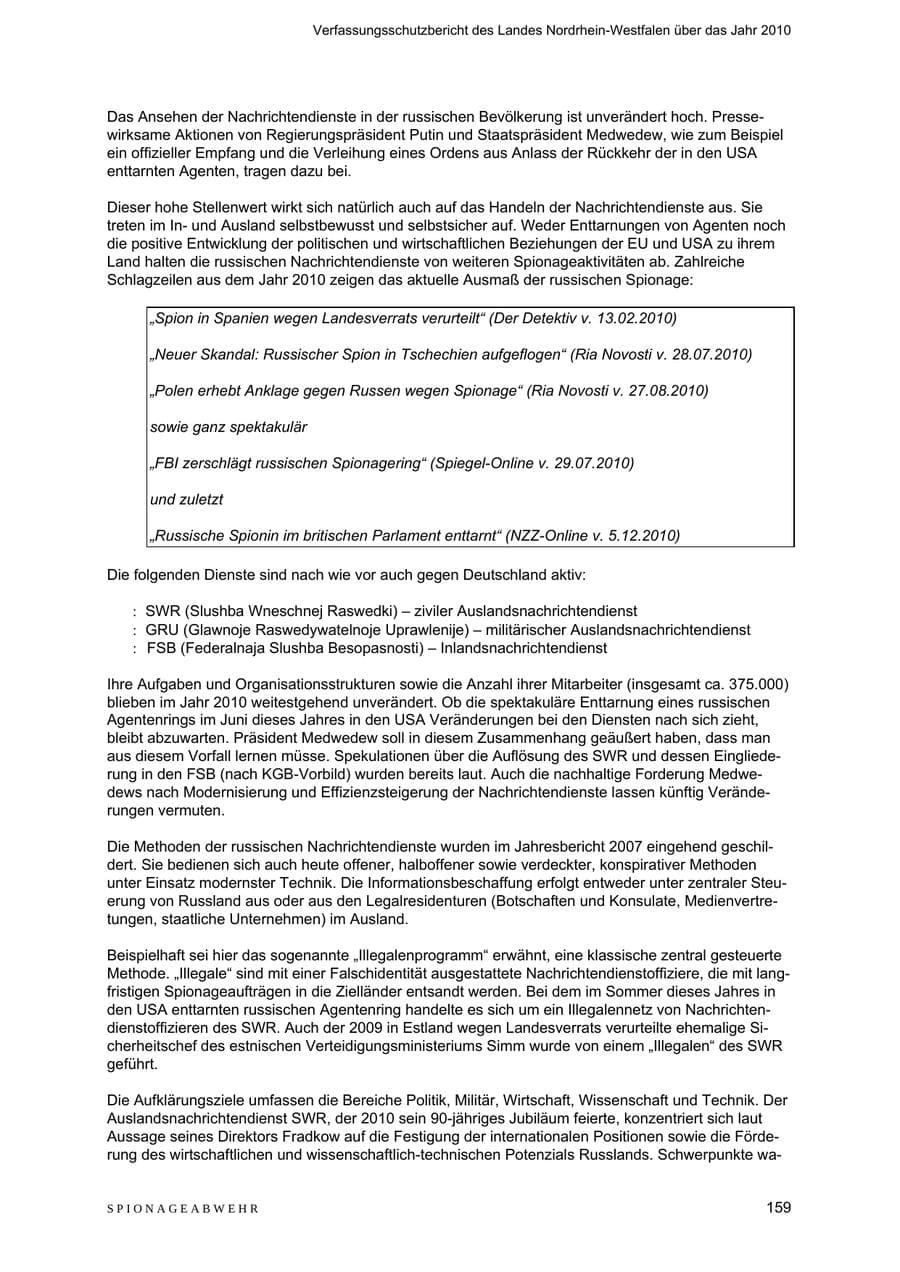 Seite 160 des Verfassungsschutzbericht 2010 Nordrhein-Westfalen