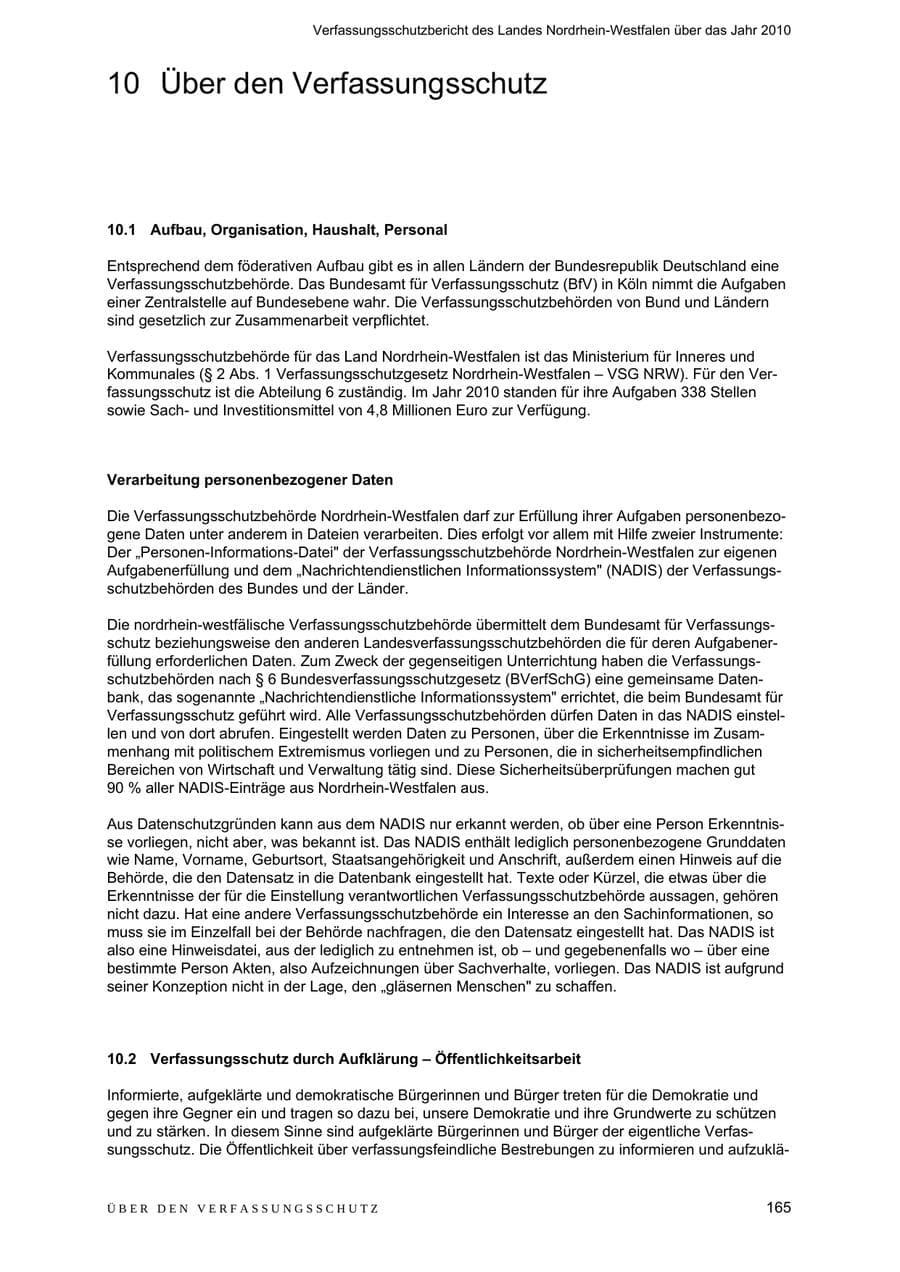 Seite 166 des Verfassungsschutzbericht 2010 Nordrhein-Westfalen