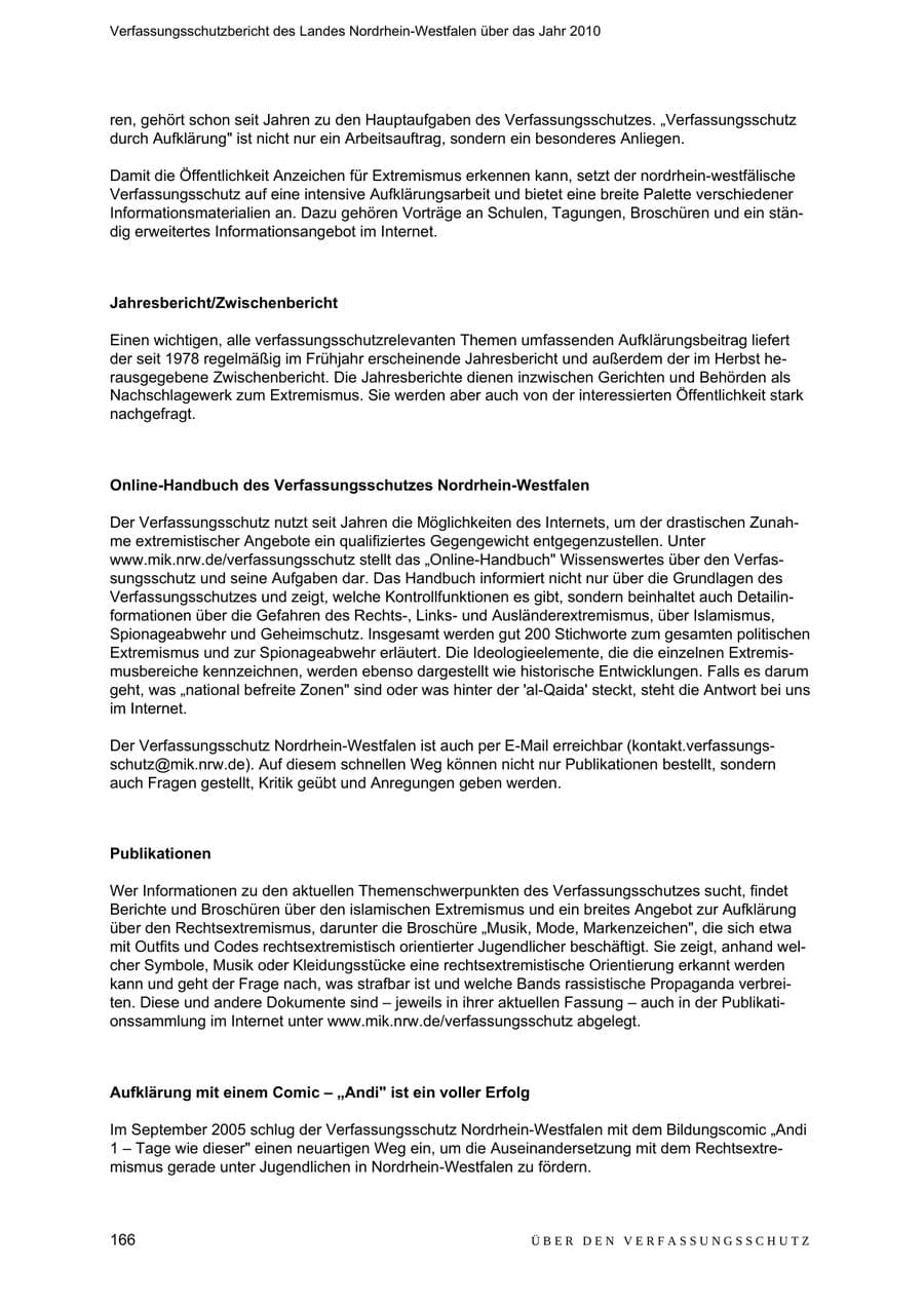 Seite 167 des Verfassungsschutzbericht 2010 Nordrhein-Westfalen