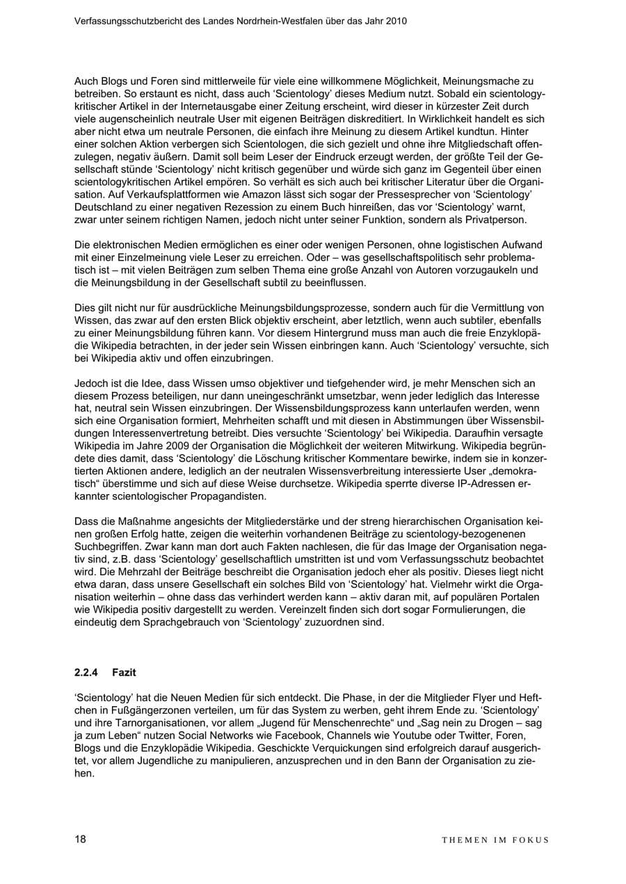 Seite 19 des Verfassungsschutzbericht 2010 Nordrhein-Westfalen
