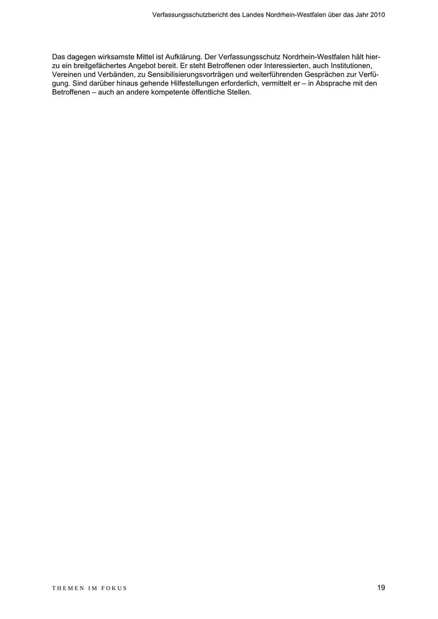 Seite 20 des Verfassungsschutzbericht 2010 Nordrhein-Westfalen
