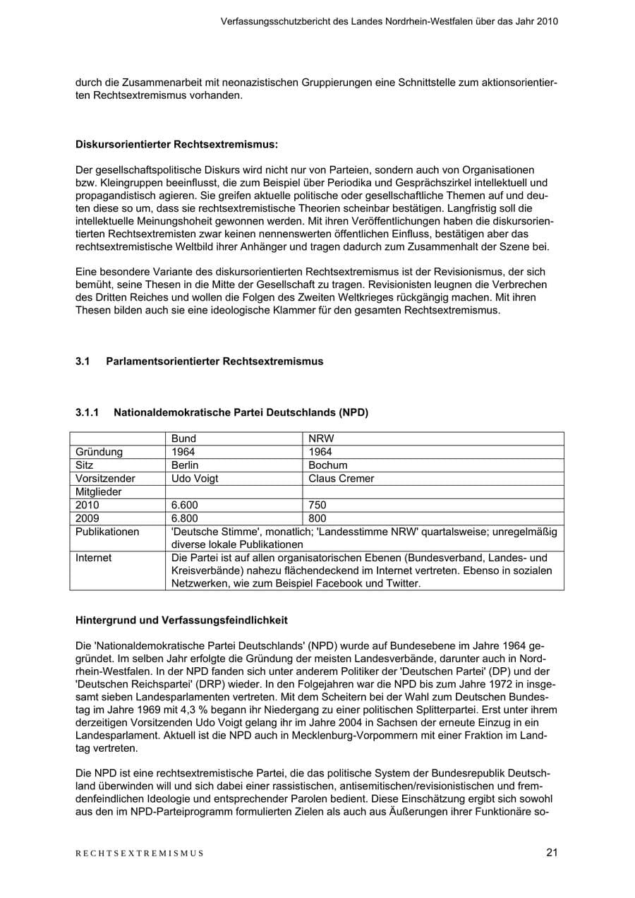 Seite 22 des Verfassungsschutzbericht 2010 Nordrhein-Westfalen