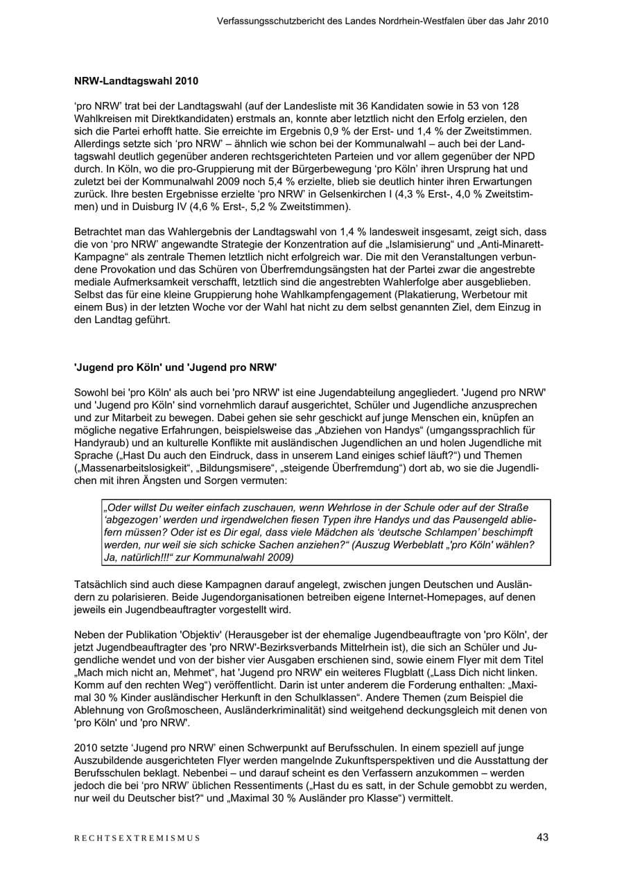 Seite 44 des Verfassungsschutzbericht 2010 Nordrhein-Westfalen