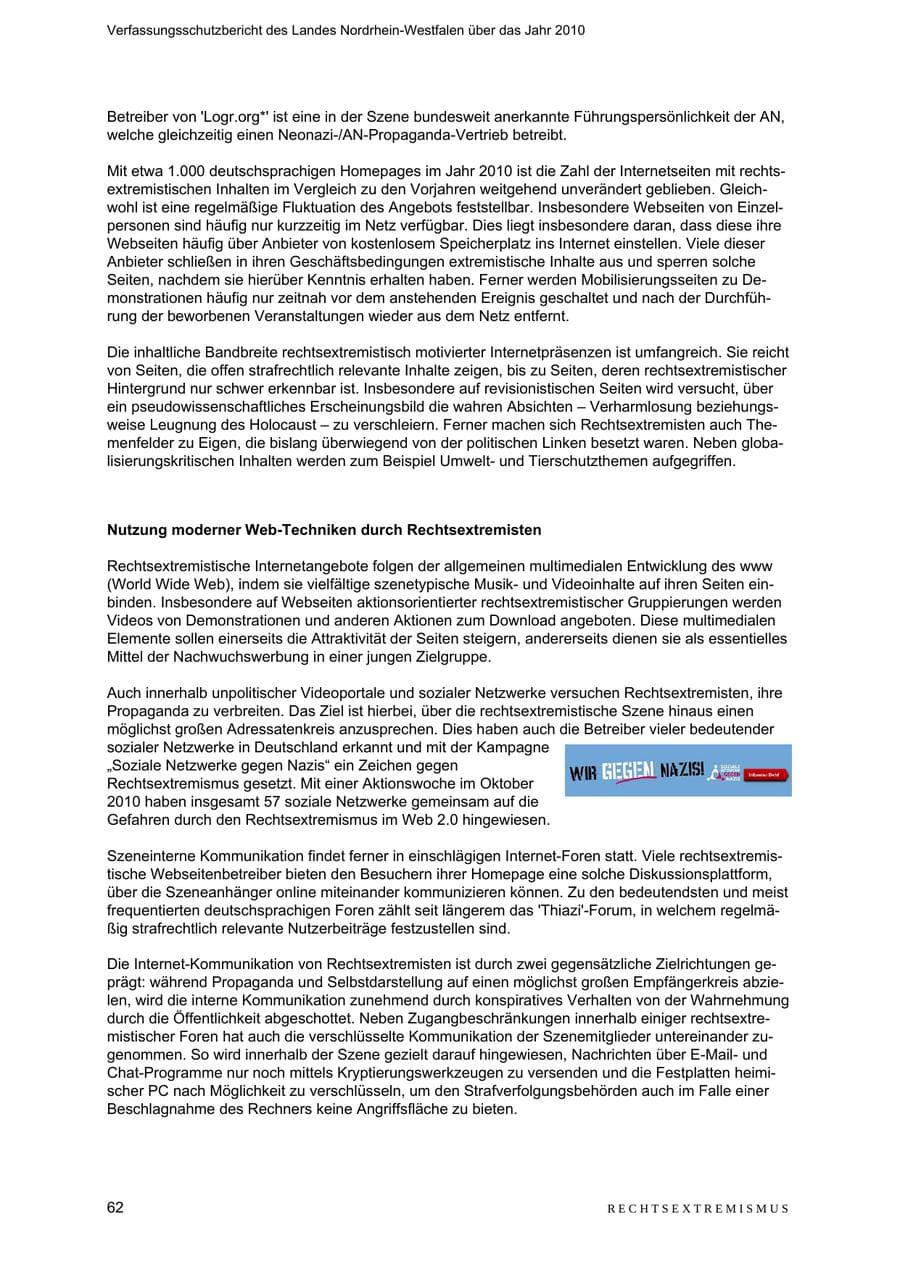 Seite 63 des Verfassungsschutzbericht 2010 Nordrhein-Westfalen