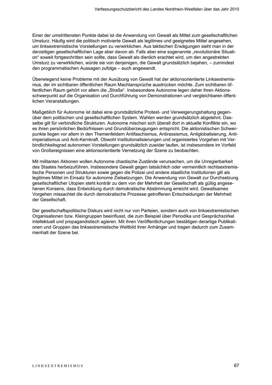 Seite 68 des Verfassungsschutzbericht 2010 Nordrhein-Westfalen
