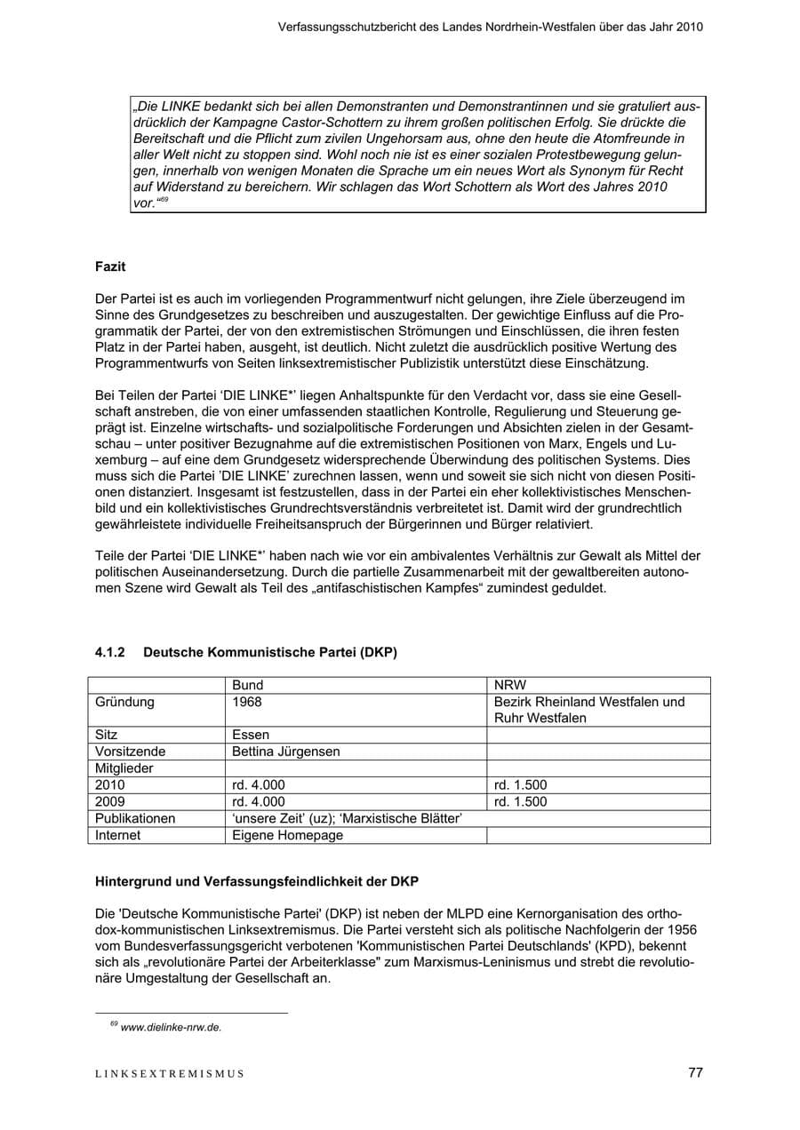 Seite 78 des Verfassungsschutzbericht 2010 Nordrhein-Westfalen