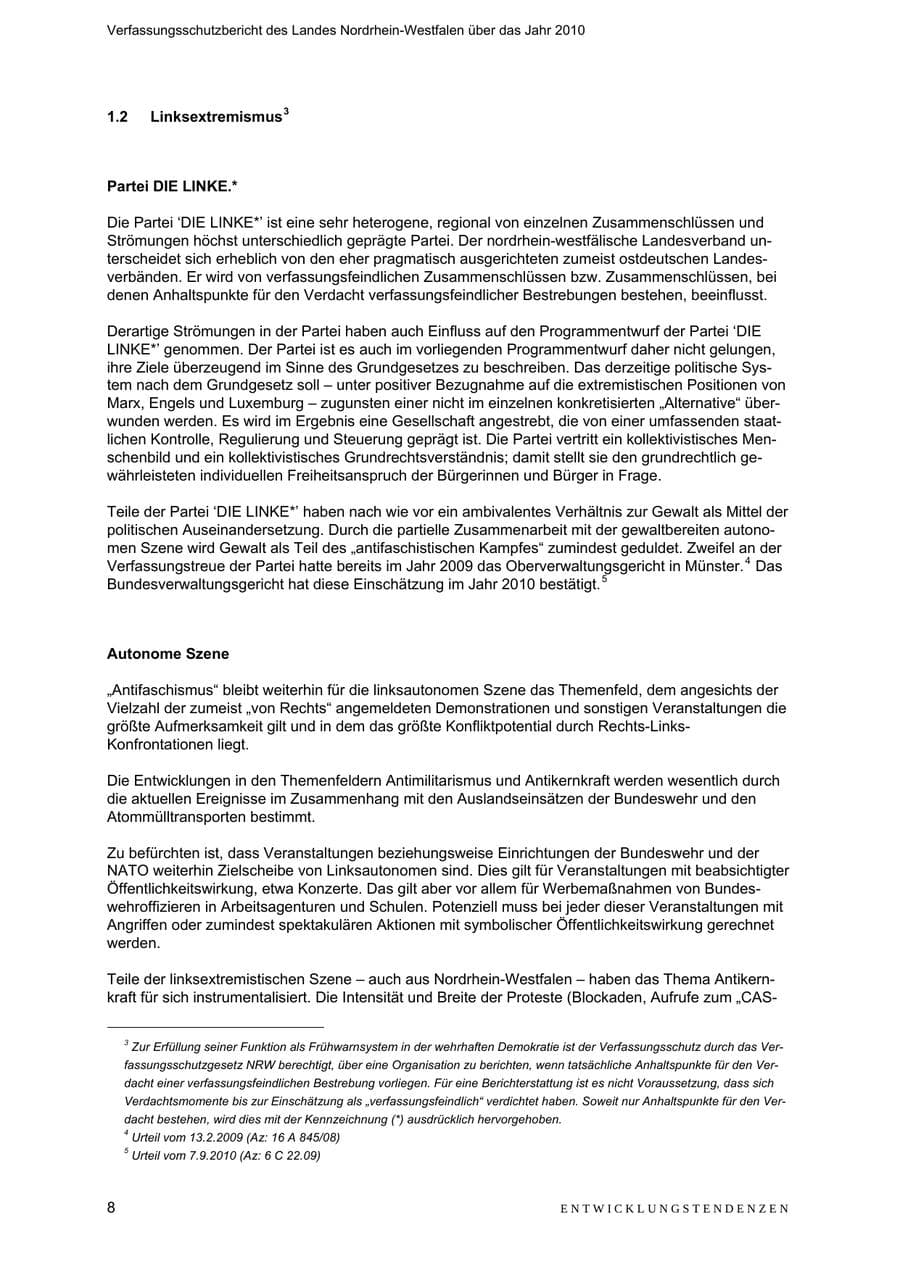 Seite 9 des Verfassungsschutzbericht 2010 Nordrhein-Westfalen